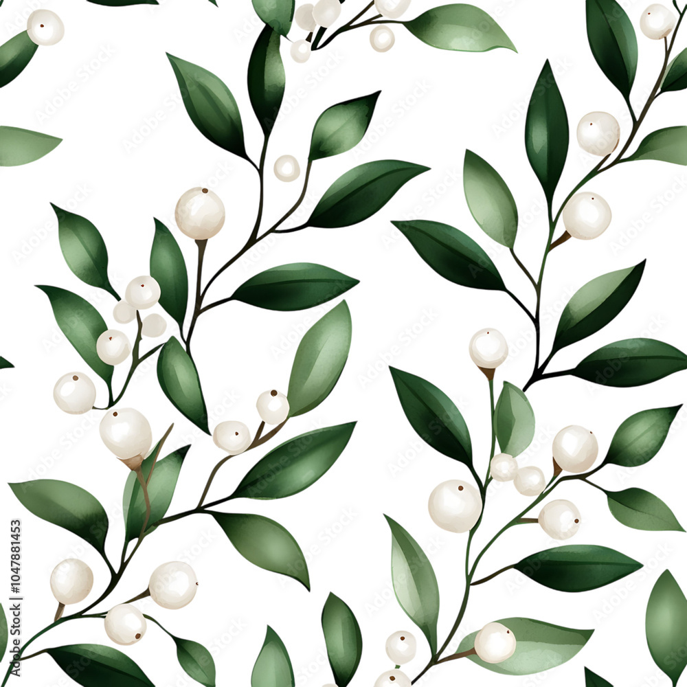 Fototapeta premium A lush pattern featuring green leaves and white berries set against a white background, creating a striking and elegant visual.