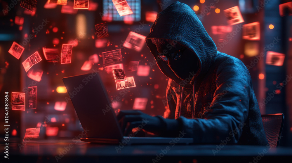 A mysterious figure in a hoodie works on a laptop, surrounded by floating digital images in a dark, cyber-themed environment. A mysterious figure in a hoodie works on a laptop, surrounded by floating digital images in a dark, cyber-themed environment.