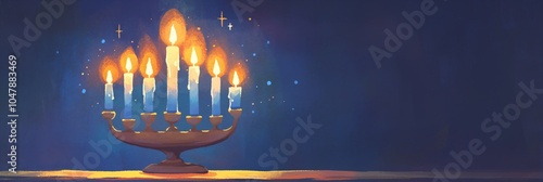 Menorah or hanukkiah with burning candles on dark blue background. Symbol of jewish holiday Hanukkah. Christmas Eve. Religious concept. Template with copy space for greeting card, banner