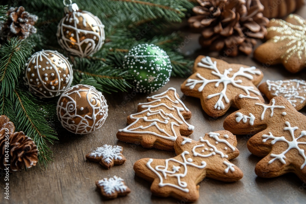 Christmas card, Christmas greetings, background with Christmas tree balls and gingerbread Christmas card, Christmas greetings, background with Christmas tree balls and gingerbread