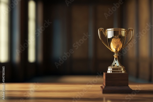 A golden trophy on a wooden surface in a softly lit room.