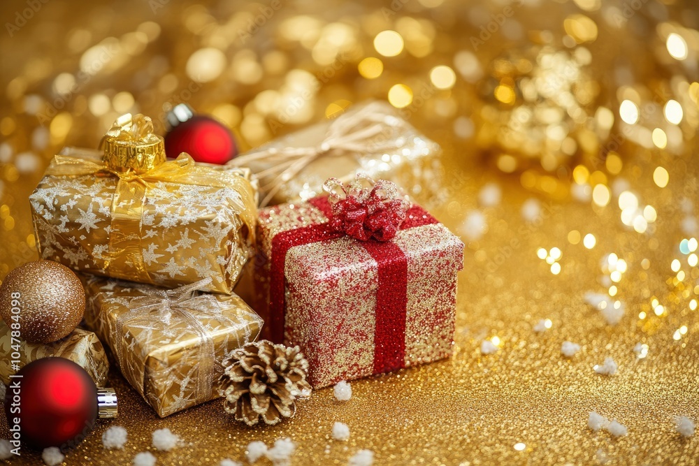 Christmas toys festive gifts decor new year on a golden background Christmas toys festive gifts decor new year on a golden background