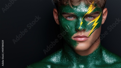 Portrait of man with green face paint and yellow lightning bolt design photo