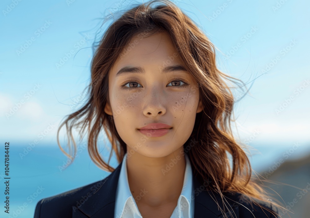 Young Asian Businesswoman Smiling in a Suit Against Blue Sky Young Asian Businesswoman Smiling in a Suit Against Blue Sky