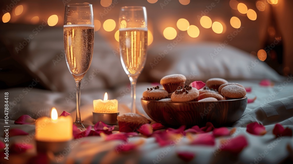 Romantic Valentine's Day Bed Setup with Champagne and Sweets Romantic Valentine's Day Bed Setup with Champagne and Sweets