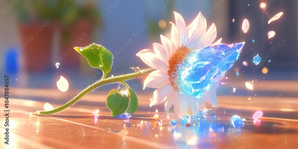 Ethereal sunflower shattering into crystals in warm sunlight Ethereal sunflower shattering into crystals in warm sunlight