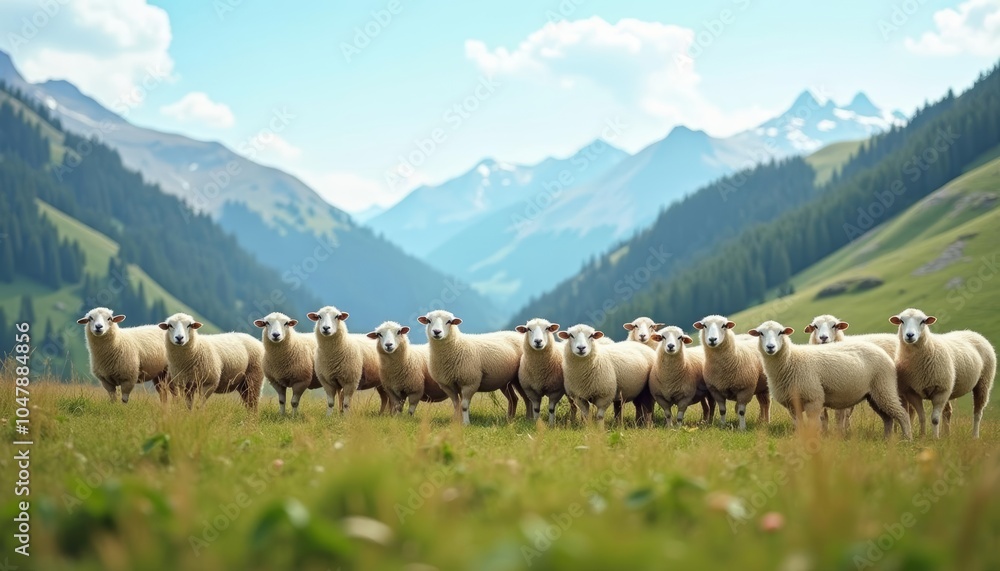 Fototapeta premium Pastoral serenity A flock of sheep in a mountainous meadow