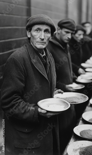 Stark portrayal - black and white depiction of Great Depression's drama, capturing intense hardship, emotional struggles, bleak realities of turbulent era through striking contrasts, powerful imagery. photo