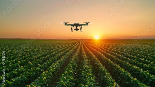 Drone flying over a lush field during sunset in agricultural landscape.