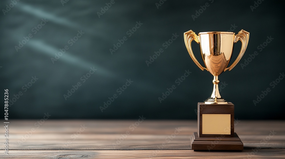 A shiny golden trophy on a wooden surface against a dark background. A shiny golden trophy on a wooden surface against a dark background.
