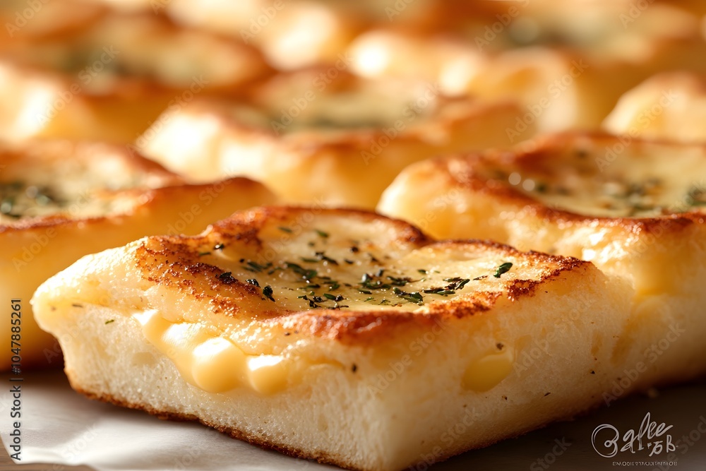 A close-up of golden, cheesy bread squares with a crispy top and herbs. A close-up of golden, cheesy bread squares with a crispy top and herbs.