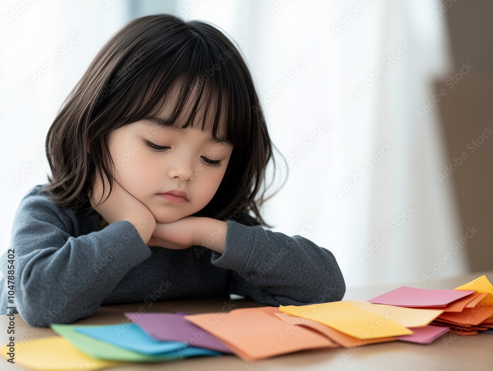 bored asian schoolgirl resting head on desk with colorful school supplies bored asian schoolgirl resting head on desk with colorful school supplies
