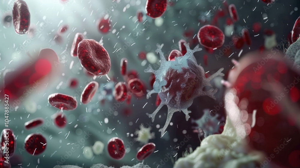 Naklejka premium Microscopic View of Blood Cells and a White Blood Cell