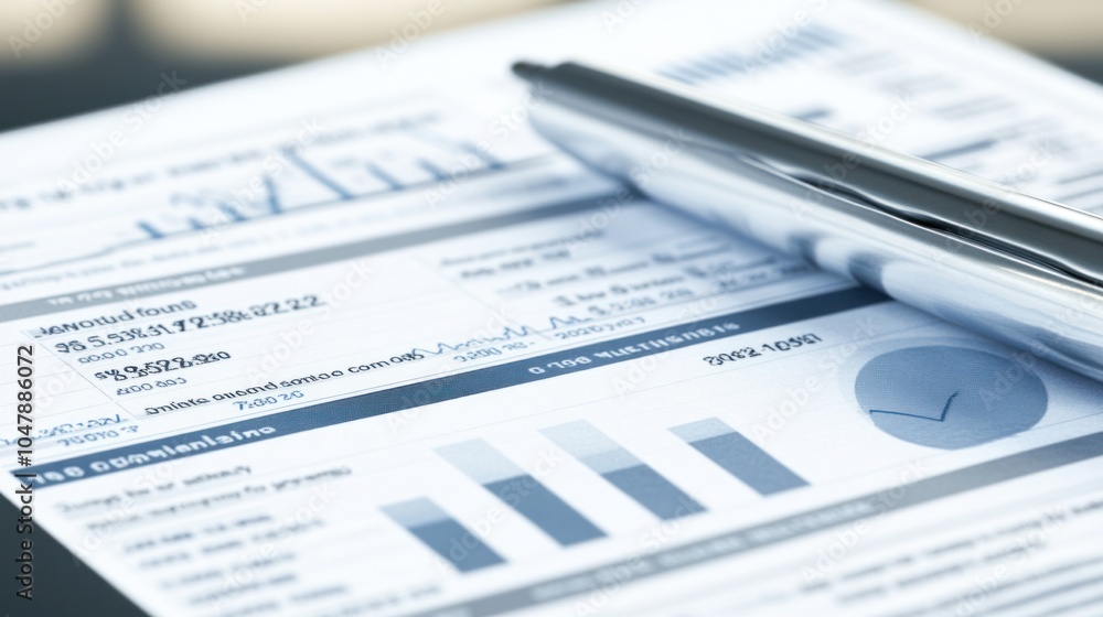 A silver pen rests on a financial report with a graph, charts, and numbers. A silver pen rests on a financial report with a graph, charts, and numbers.