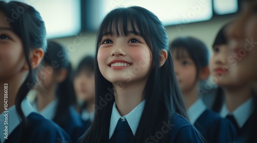 A young girl smiles while attending a school event, surrounded by classmates.