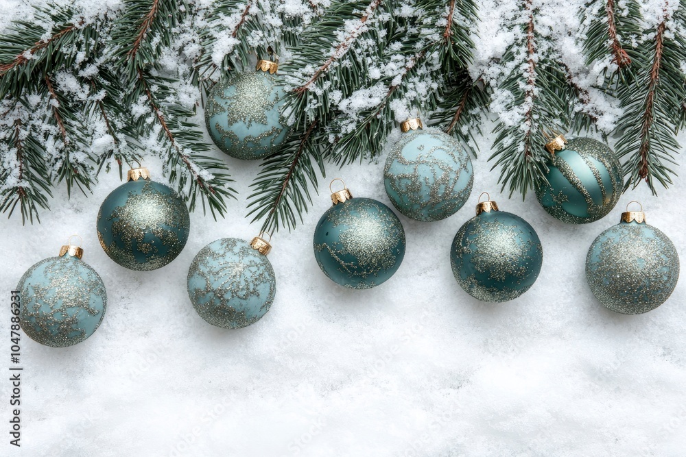 Christmas banner or greeting card design. Christmas tree balls on snow background. Wide Xmas banner mockup, header, flyer Christmas banner or greeting card design. Christmas tree balls on snow background. Wide Xmas banner mockup, header, flyer