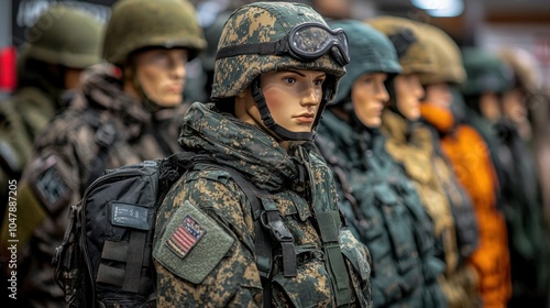 Mannequins dressed in military uniforms and helmets on display.