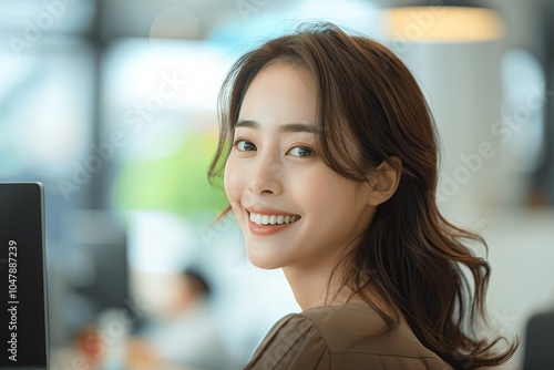 Young Asian Woman Smiling While Working in Office