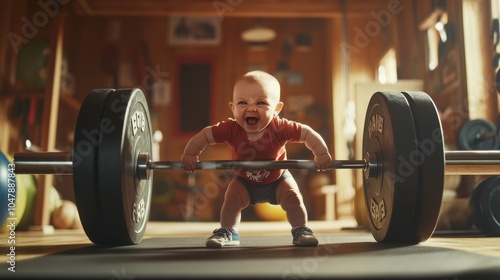 A baby in a red shirt is lifting a barbell in a home gym with a determined look on his face.