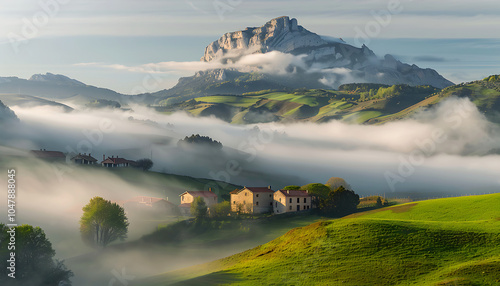 village foggy there is fog on the hills and mountains, with houses surrounded by green grassland. Ai generative photo