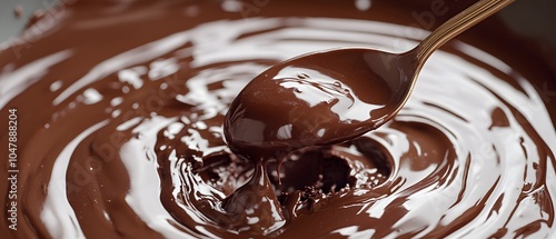 A close-up of rich, glossy chocolate with a spoon resting in it, perfect for desserts.