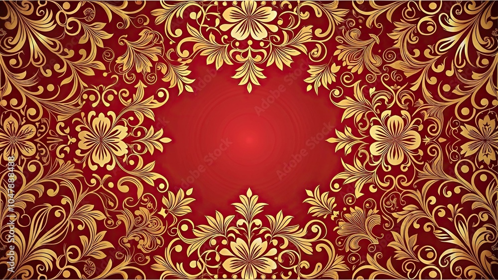 Symmetrical red and gold floral pattern background Symmetrical red and gold floral pattern background