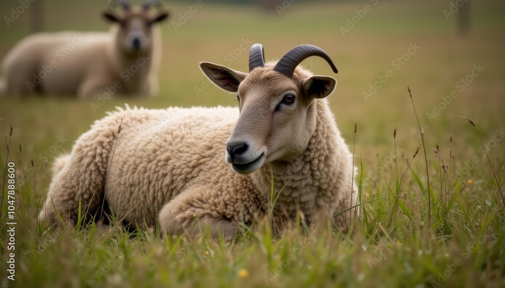 Fototapeta premium Peaceful pasture with two rams