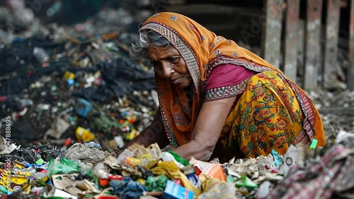 An elderly woman wearing a colorful sari meticulously sorts through piles of waste in a slum area, looking for items to recycle.