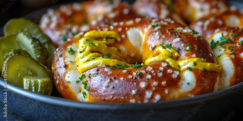 A close-up of soft pretzels with mustard and pickles on a plate. A close-up of soft pretzels with mustard and pickles on a plate.