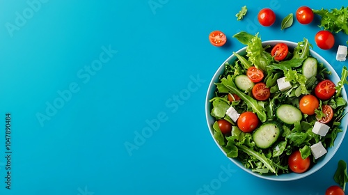 Green salad with mixed greens cherry tomatoes cucumbers and olive oil dressing