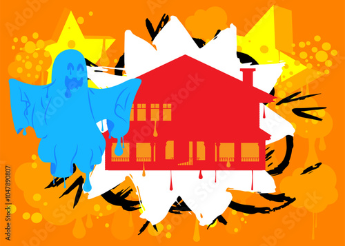 Halloween Ghost and House Graffiti tag. Abstract modern street art decoration performed in urban painting style.
