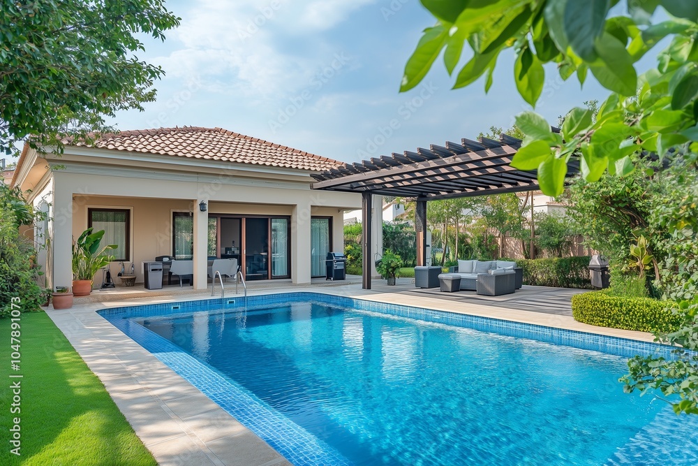 custom made wallpaper toronto digitalA beautiful backyard oasis featuring a sparkling blue pool, comfortable seating, and lush greenery under a clear sky.