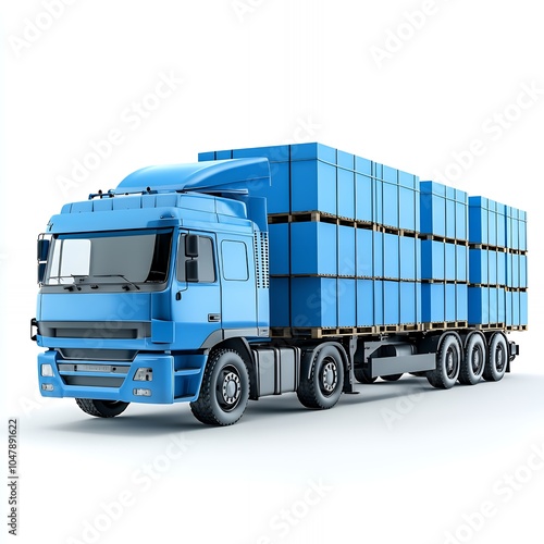 A blue semi-trailer truck loaded with boxes on pallets.