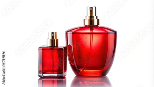 symmetrical red perfume bottle with red spray and matching cap on white background