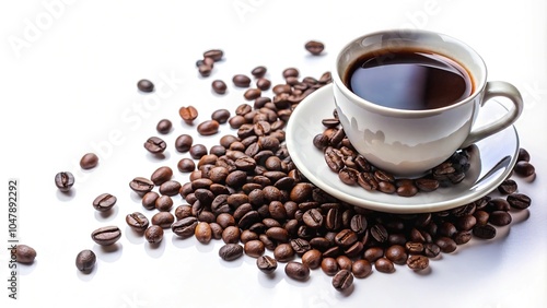 Still life of black coffee cup with coffee beans on white background