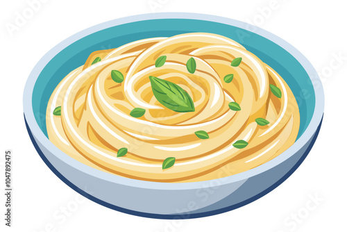 Classic Fettuccini Alfredo with Garnish - Top Down View, Isolated on White, Perfect for Menu Feature.