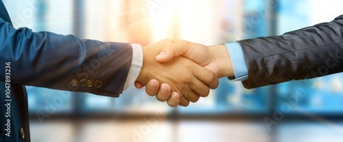 Successful Businessmen Shaking Hands in Office, Blurred Background, Banner size,Cooperation concept. photo