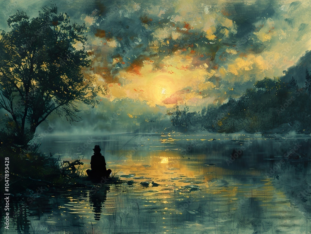Solitude by the Lake at Sunset - A Serene Landscape Painting Solitude by the Lake at Sunset - A Serene Landscape Painting