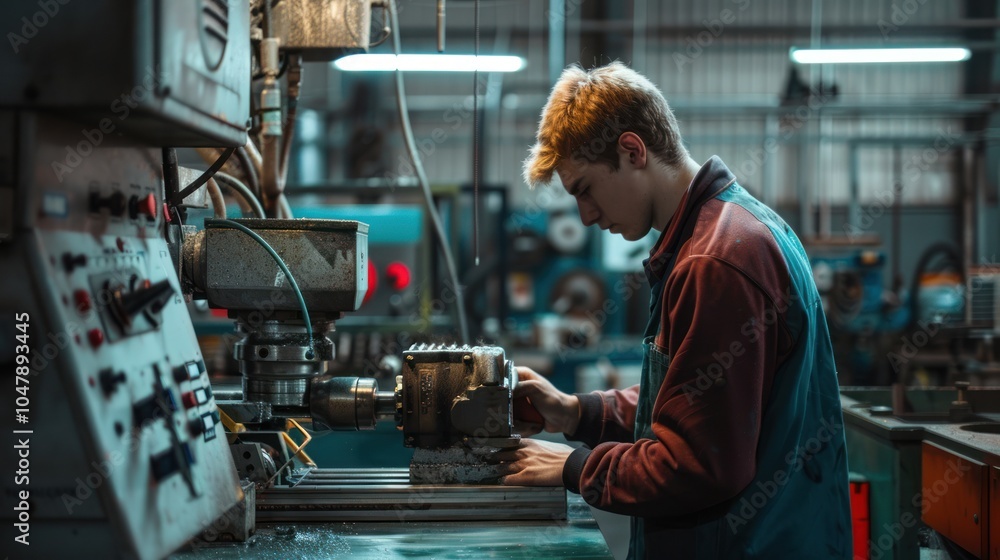 Young Man Operating Industrial Machinery in a Factory Setting Young Man Operating Industrial Machinery in a Factory Setting