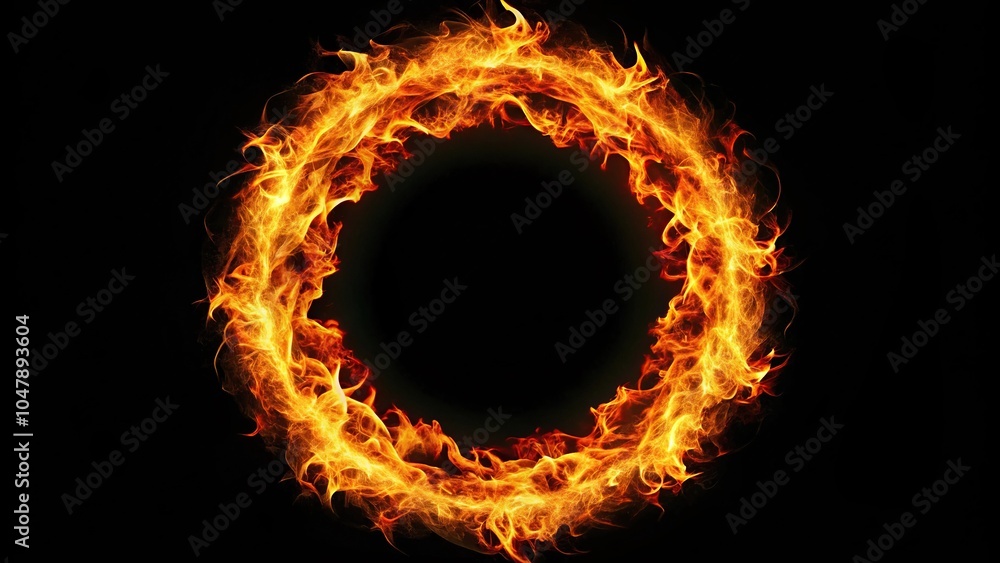 Fototapeta premium Symmetrical ring of fire captured on black background, perfect for illuminating the dark