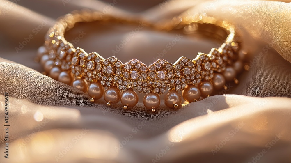 Elegant golden crown with pearls on soft fabric Elegant golden crown with pearls on soft fabric