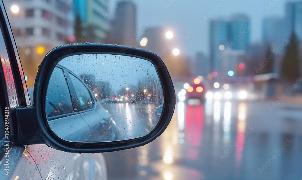 A rainy city scene reflected in a car side mirror. A rainy city scene reflected in a car side mirror.