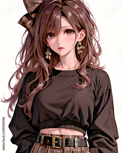 Cute Anime Girl with Long Brown Hair and Casual Outfit photo