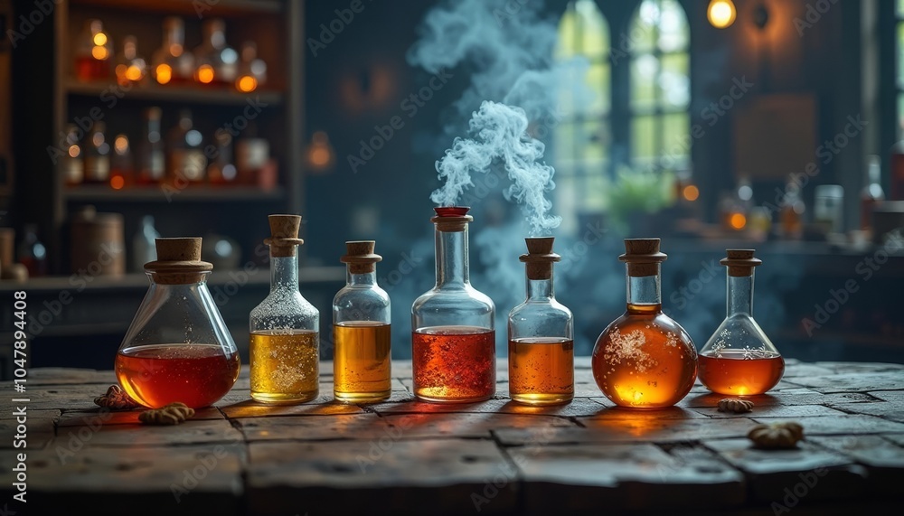 Enchanting alchemy lab with steaming concoctions Enchanting alchemy lab with steaming concoctions