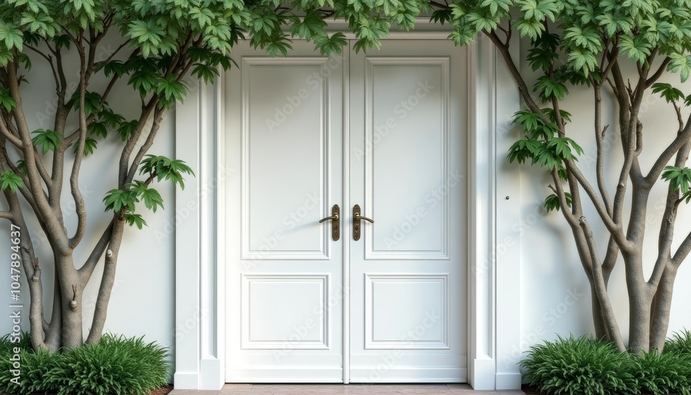 Fototapeta premium Elegant entrance with white doors and lush greenery