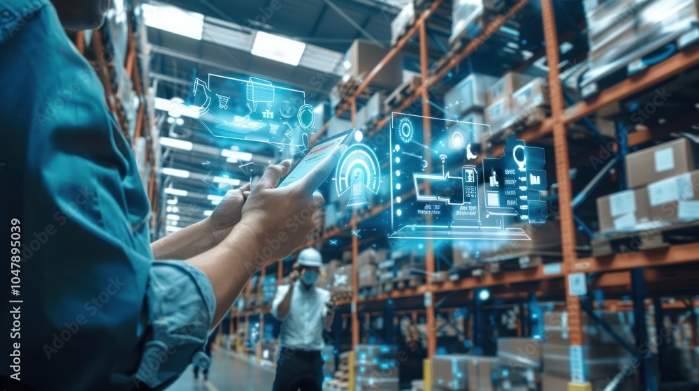 Naklejka premium Warehouse Worker Using Smartphone with Augmented Reality for Inventory Management