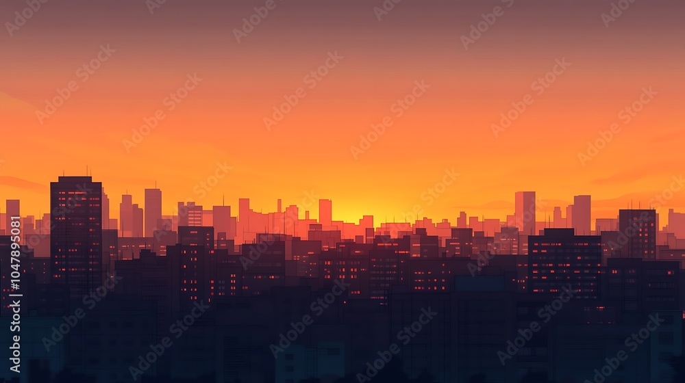 A vibrant orange sunset casts a warm glow over a city skyline. A vibrant orange sunset casts a warm glow over a city skyline.