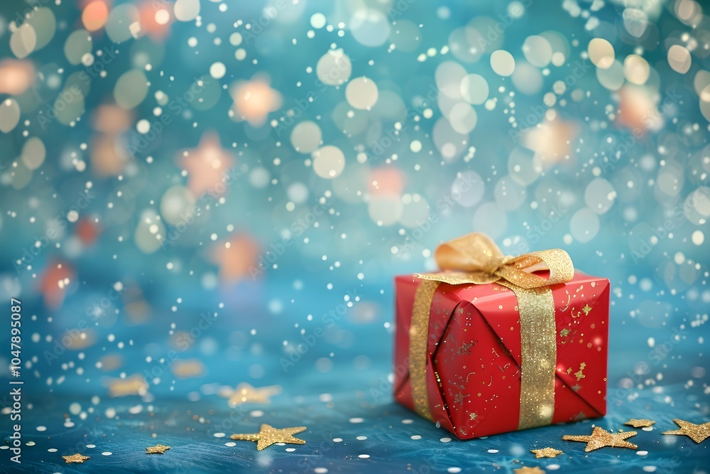 Fototapeta premium Red gift box with golden ribbon bow against blue background with snowflakes and stars. Christmas, New Year, birthday or holiday concept. Magic present and big sale concept. Banner with copy space