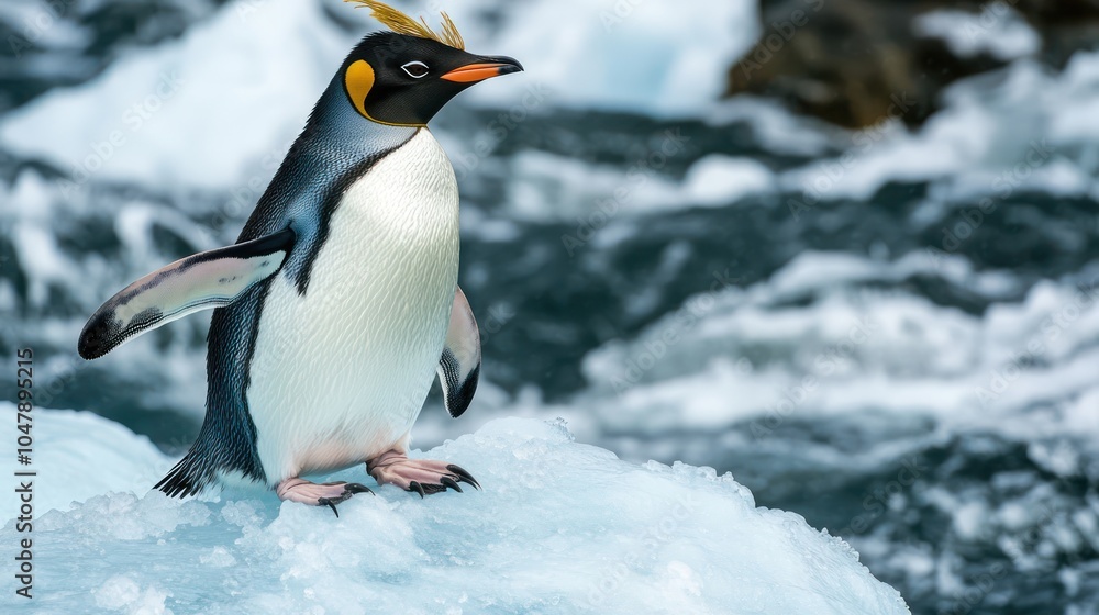 Fototapeta premium Macaroni Penguin Standing Proudly on Iceberg