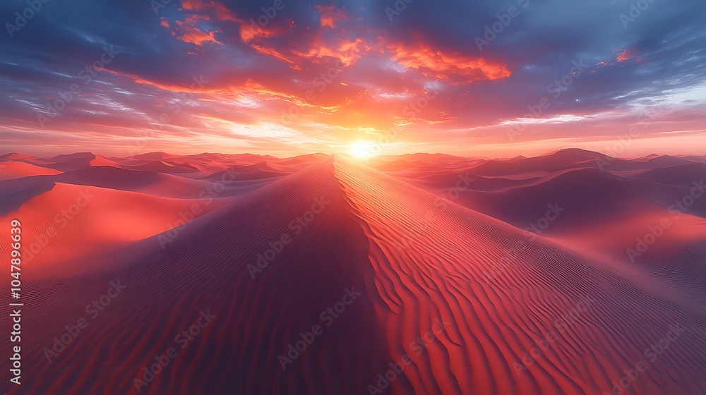 A stunning sunset over a vast, red sand desert, casting a golden glow over the sand dunes and creating a dramatic scene. A stunning sunset over a vast, red sand desert, casting a golden glow over the sand dunes and creating a dramatic scene.
